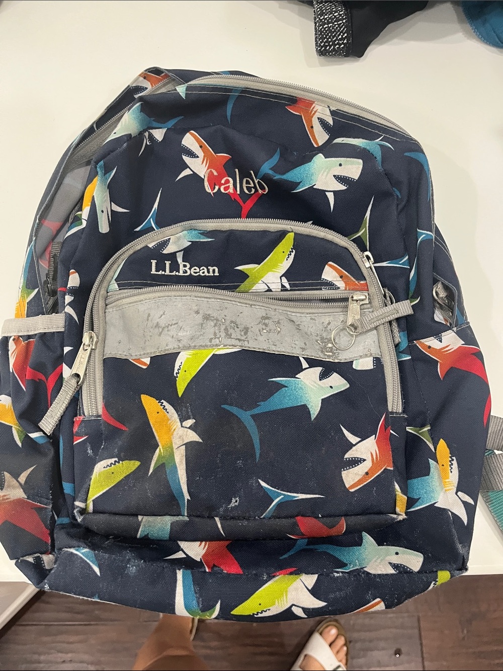 L.L.Bean Navy Backpack with Multicolor Shark Print
